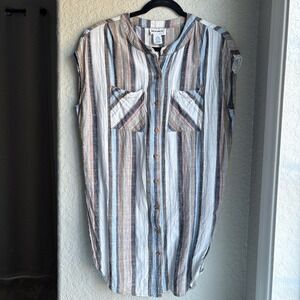 For The Republic Striped Linen Blend Sleeveless Button Front Shirt Dress Tunic M